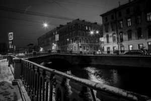 houses, St, Petersburg, Russia, Bridges, Fence, Canal, Night, Cities