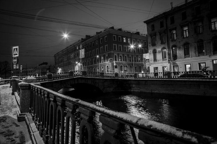 houses, St, Petersburg, Russia, Bridges, Fence, Canal, Night, Cities HD Wallpaper Desktop Background
