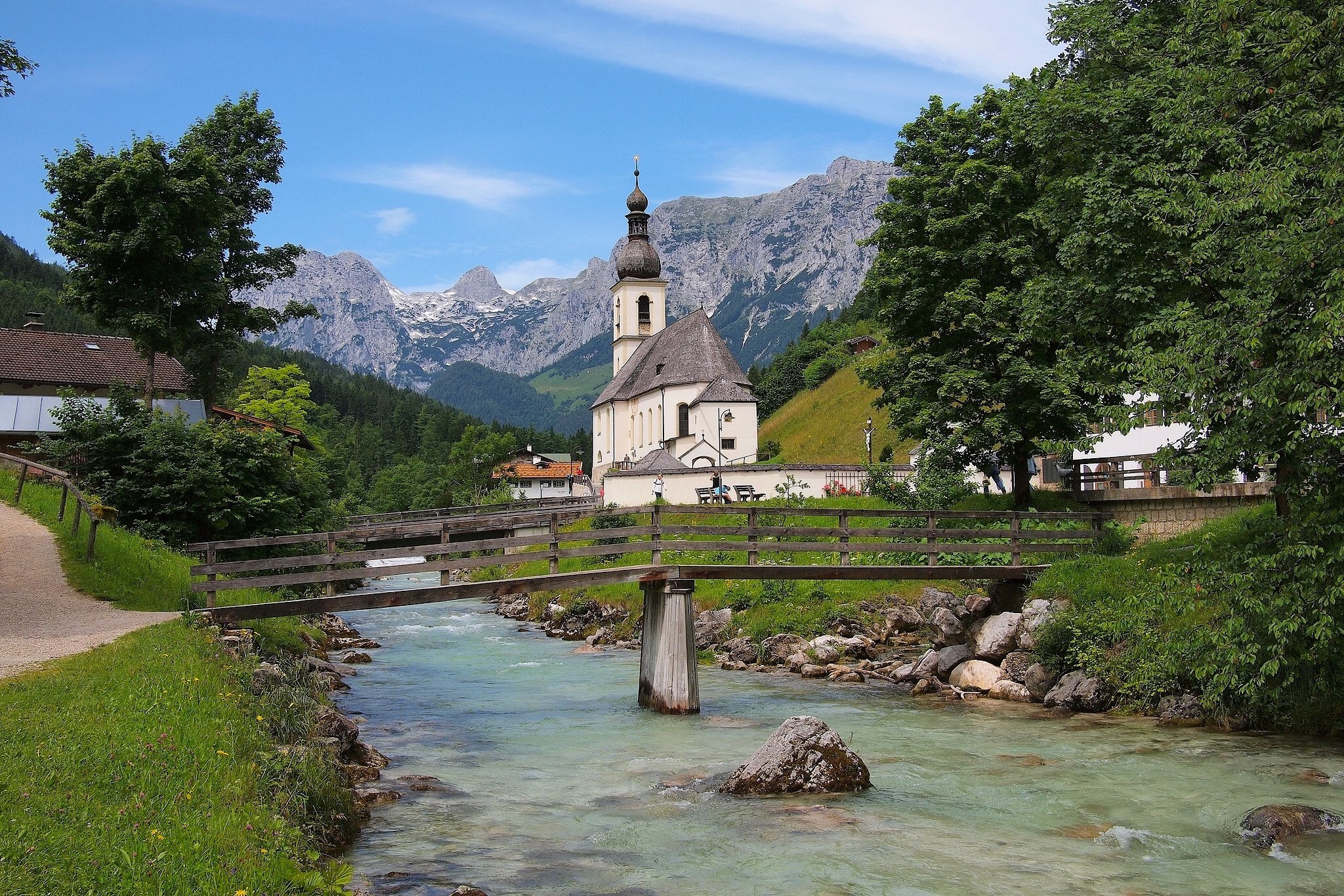 germany, Rivers, Bridges, Mountains, Temples, Bavaria, Alps, St, Sebastian, Church, Ramsau, Nature, Cities Wallpaper