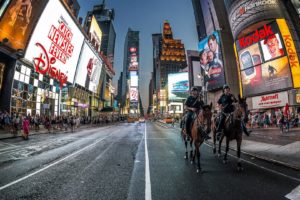 horseback, Policemen, Times, Square, Hdr, Horses, Skyscrapers, City, Street, New, York, Night, Road, Lights, Horse, Crowd, Police