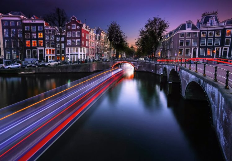 houses, Bridges, Netherlands, Rivers, Night, Canal, Motion, Amsterdam, Cities HD Wallpaper Desktop Background