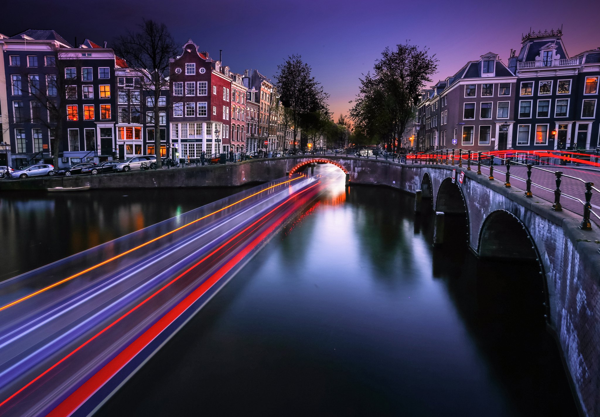 houses, Bridges, Netherlands, Rivers, Night, Canal, Motion, Amsterdam, Cities Wallpaper