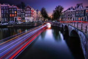 houses, Bridges, Netherlands, Rivers, Night, Canal, Motion, Amsterdam, Cities
