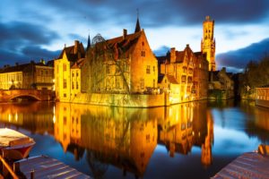 houses, Belgium, Night, Canal, Bruges, Cities