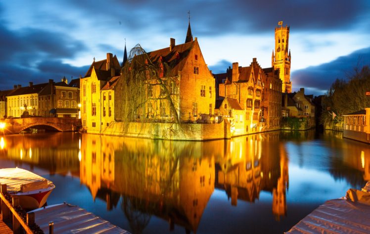 houses, Belgium, Night, Canal, Bruges, Cities HD Wallpaper Desktop Background