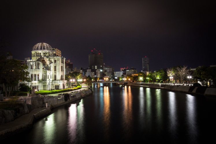 houses, Japan, Night, Canal, Hiroshima, Cities HD Wallpaper Desktop Background