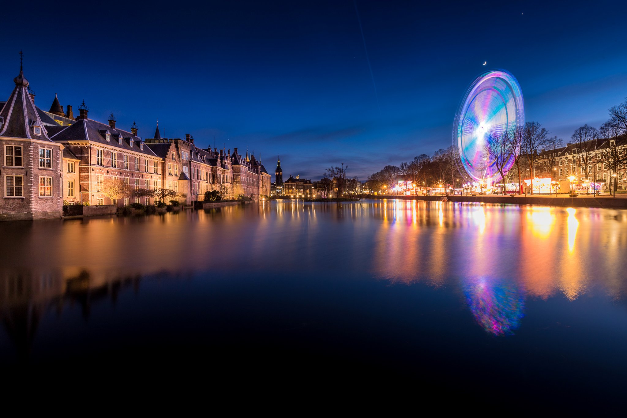 netherlands, Houses, Canal, Night, Street, Lights, Ferris, Wheel, Hague, Cities Wallpaper
