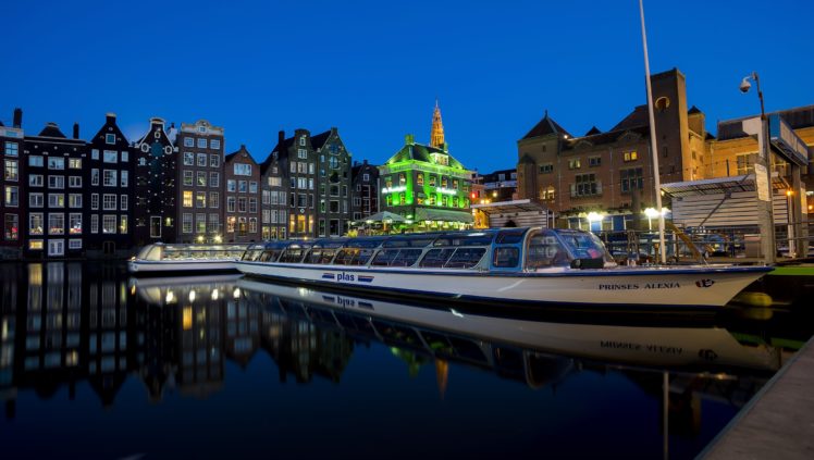 netherlands, Houses, Marinas, Motorboat, Night, Amsterdam, Cities HD Wallpaper Desktop Background