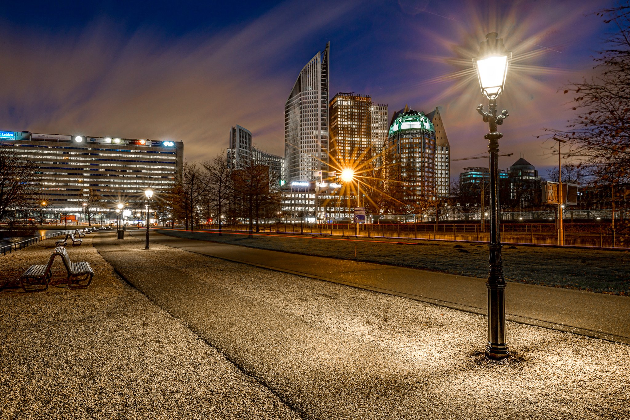netherlands, Houses, Parks, Night, Street, Lights, Bench, Street, Hague, Cities Wallpaper