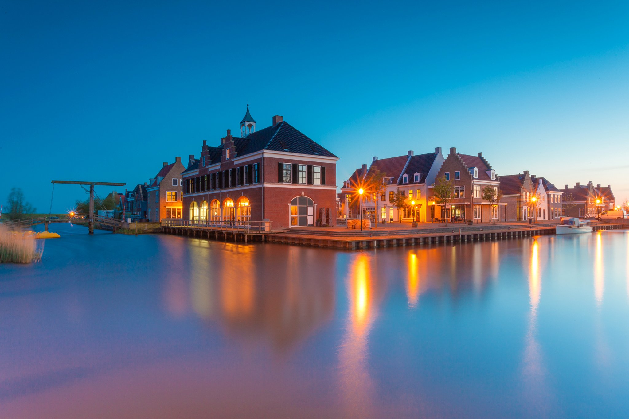 netherlands, Houses, Rivers, Marinas, Coast, Street, Lights, Anjum, Cities Wallpaper