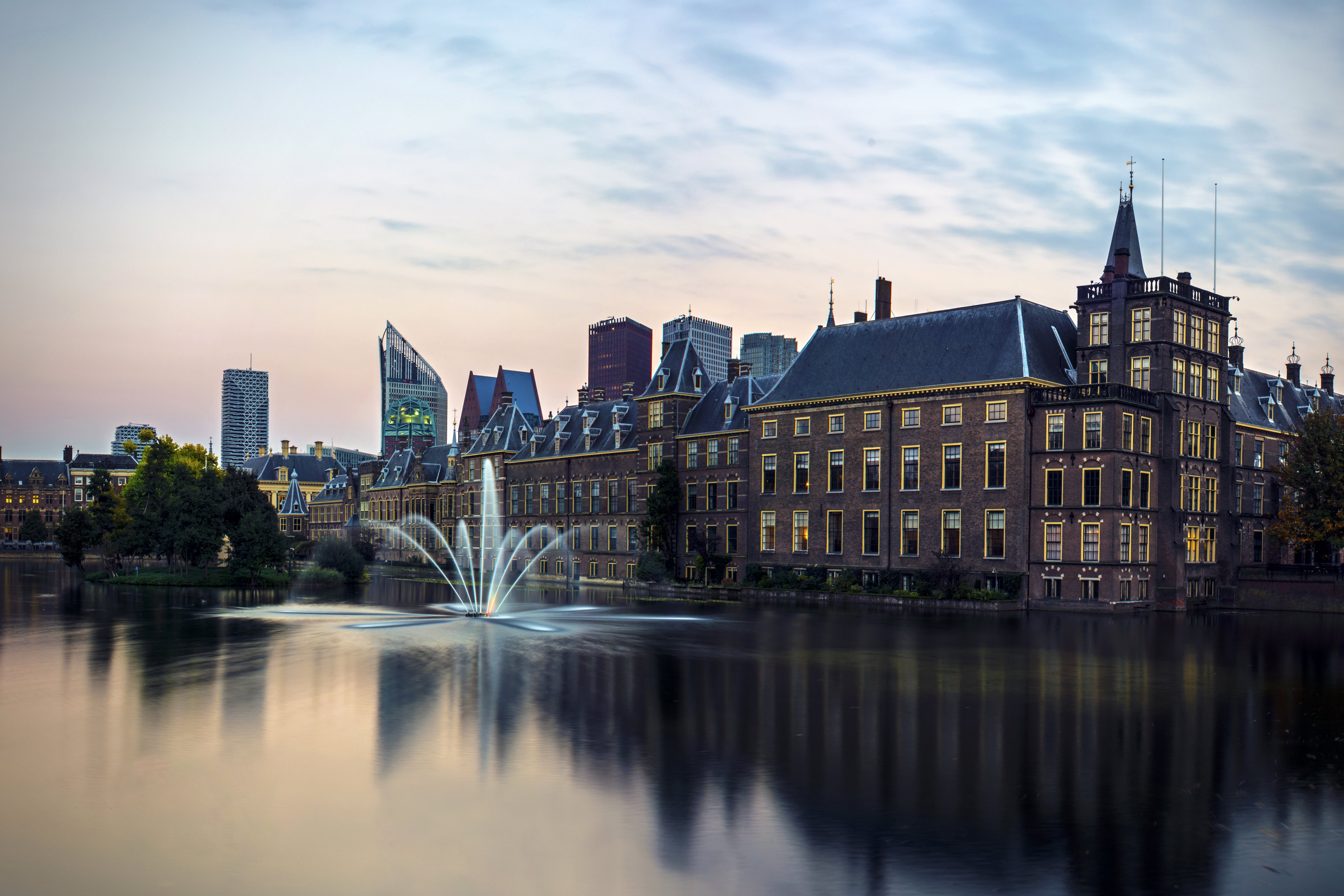 netherlands, Houses, Rivers, Fountains, Hague, Cities Wallpaper