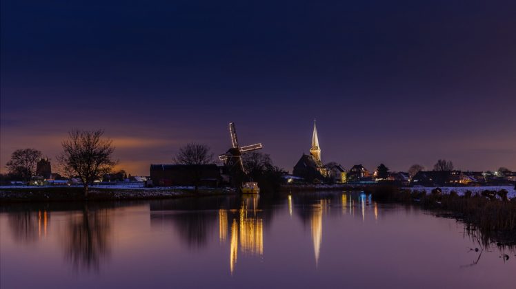 netherlands, Mill, Canal, Night, Cities HD Wallpaper Desktop Background