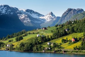 norway, Mountains, Coast, Houses, Grasslands, Scenery, Olden, Nature, Cities
