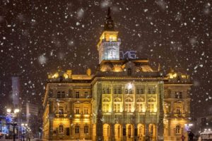 houses, Winter, Serbia, Night, Snowflakes, Street, Lights, Novi, Sad, Cities