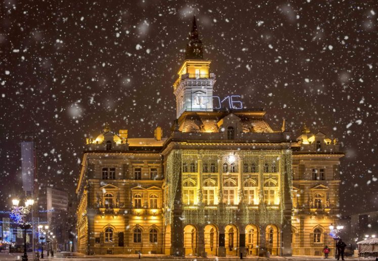 houses, Winter, Serbia, Night, Snowflakes, Street, Lights, Novi, Sad, Cities HD Wallpaper Desktop Background