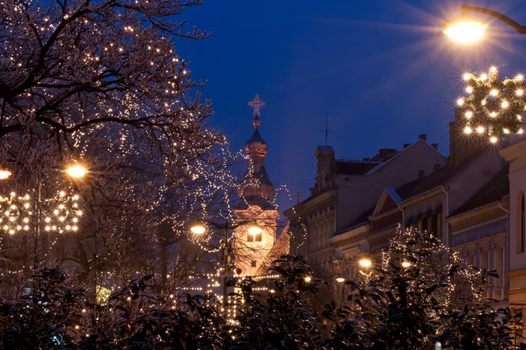 hungary, Holidays, Houses, Fairy, Lights, Night, Street, Lights, Szombathely, Cities HD Wallpaper Desktop Background