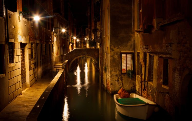 italy, Houses, Boats, Venice, Canal, Night, Street, Lights, Cities HD Wallpaper Desktop Background