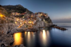 italy, Houses, Coast, Crag, Night, Manarola, Liguria, Cities