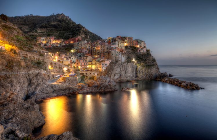 italy, Houses, Coast, Crag, Night, Manarola, Liguria, Cities HD Wallpaper Desktop Background