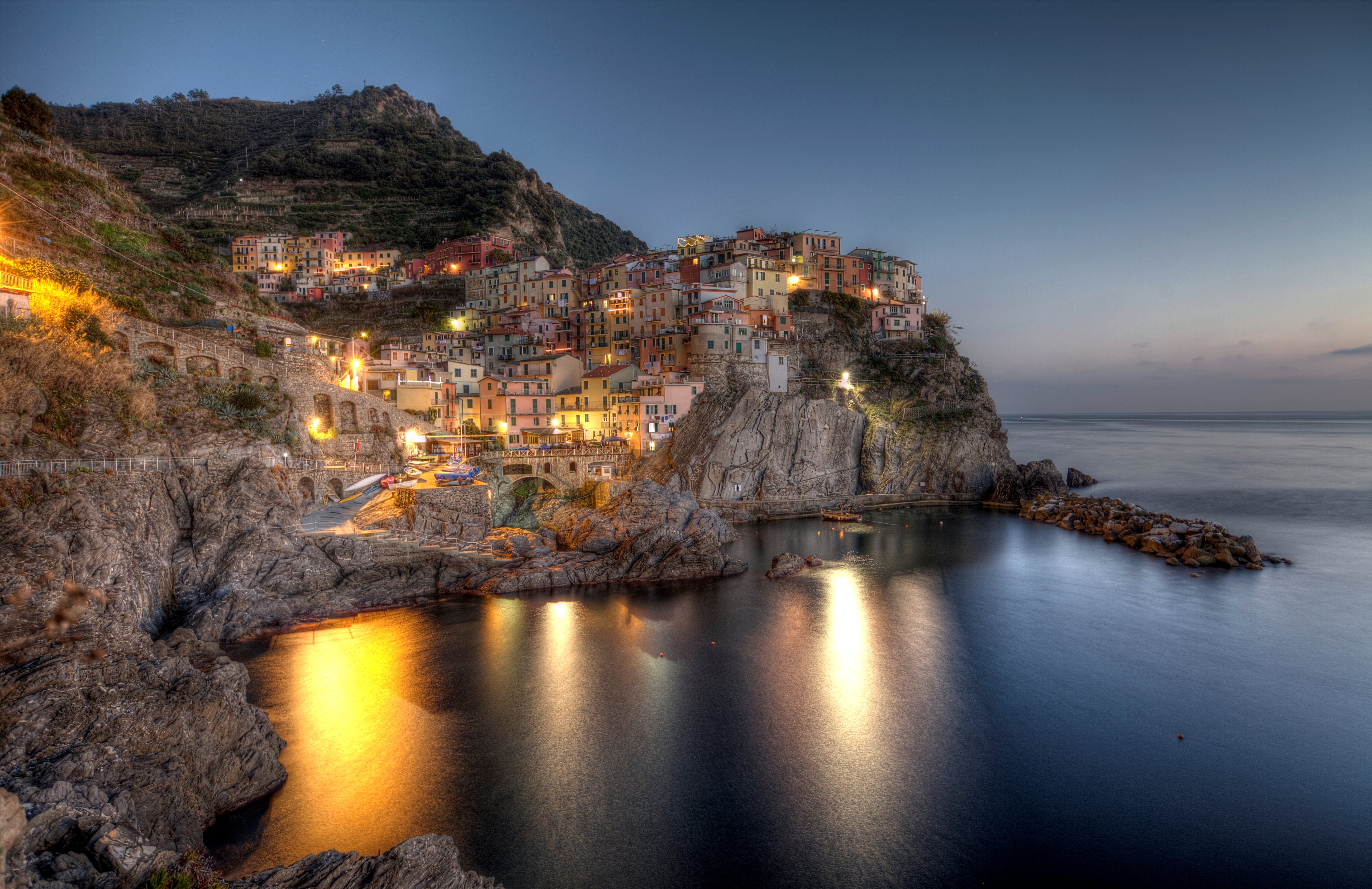 italy, Houses, Coast, Crag, Night, Manarola, Liguria, Cities Wallpaper