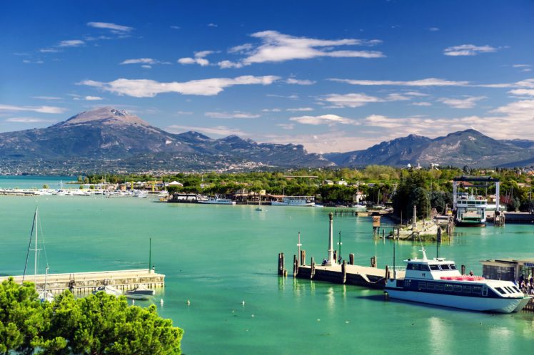 lake, Italy, Houses, Mountains, Marinas, Scenery, Ships, Sky, Peschiera, Garda, Veneto, Cities HD Wallpaper Desktop Background