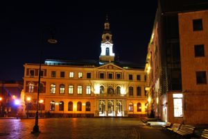 latvia, Houses, Night, Street, Lights, Bench, Riga, Cities