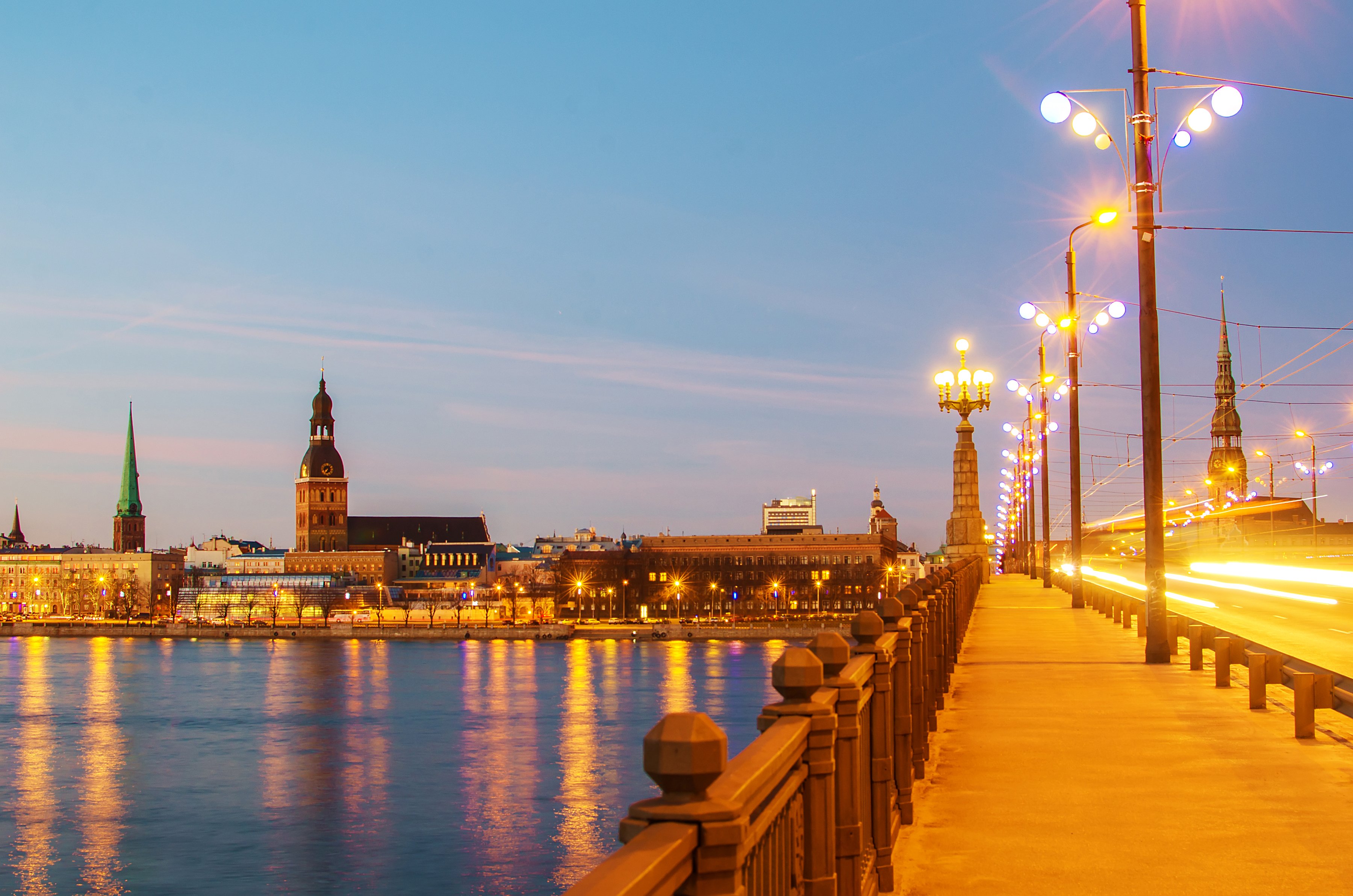 latvia, Houses, Rivers, Bridges, Sky, Night, Street, Lights, Riga, Cities Wallpaper