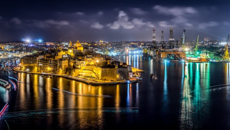 malta, Houses, Rivers, Marinas, Night, Street, Lights, Cospicua, Cities HD Wallpaper Desktop Background
