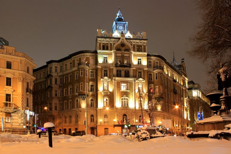 russia, Moscow, Houses, Winter, Night, Street, Lights, Street, Cities HD Wallpaper Desktop Background