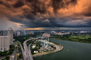 singapore, Houses, Rivers, Roads, Bridges, Clouds, Ferris, Wheel, Cities