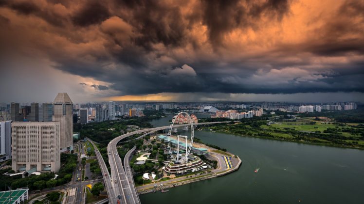 singapore, Houses, Rivers, Roads, Bridges, Clouds, Ferris, Wheel, Cities HD Wallpaper Desktop Background