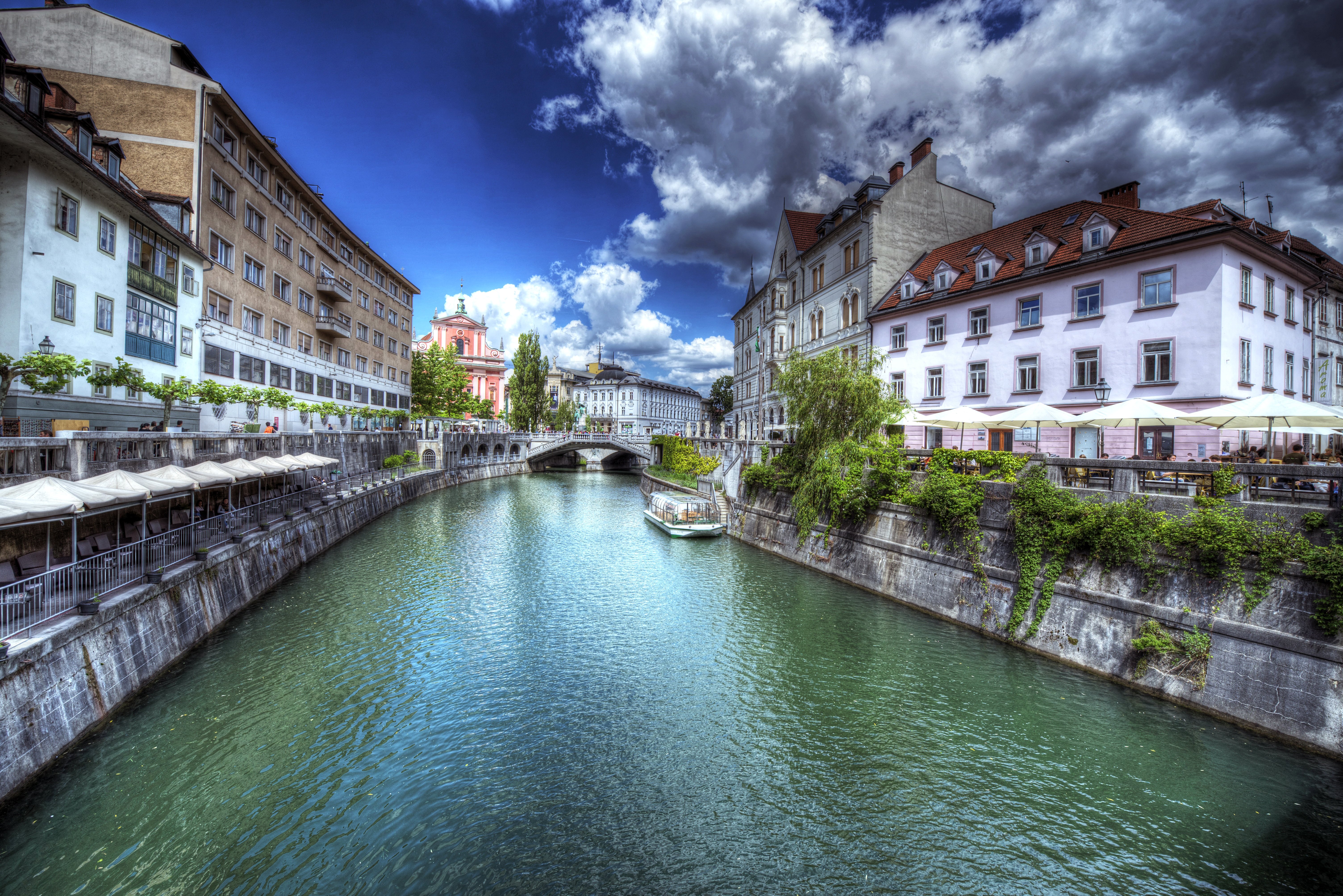 slovenia, Houses, Hdr, Canal, Clouds, Ljubljana, Cities Wallpaper