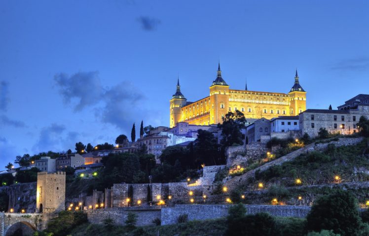 spain, Fortress, Sky, Hdr, Night, Street, Lights, Alcazar, Toledo, Cities HD Wallpaper Desktop Background