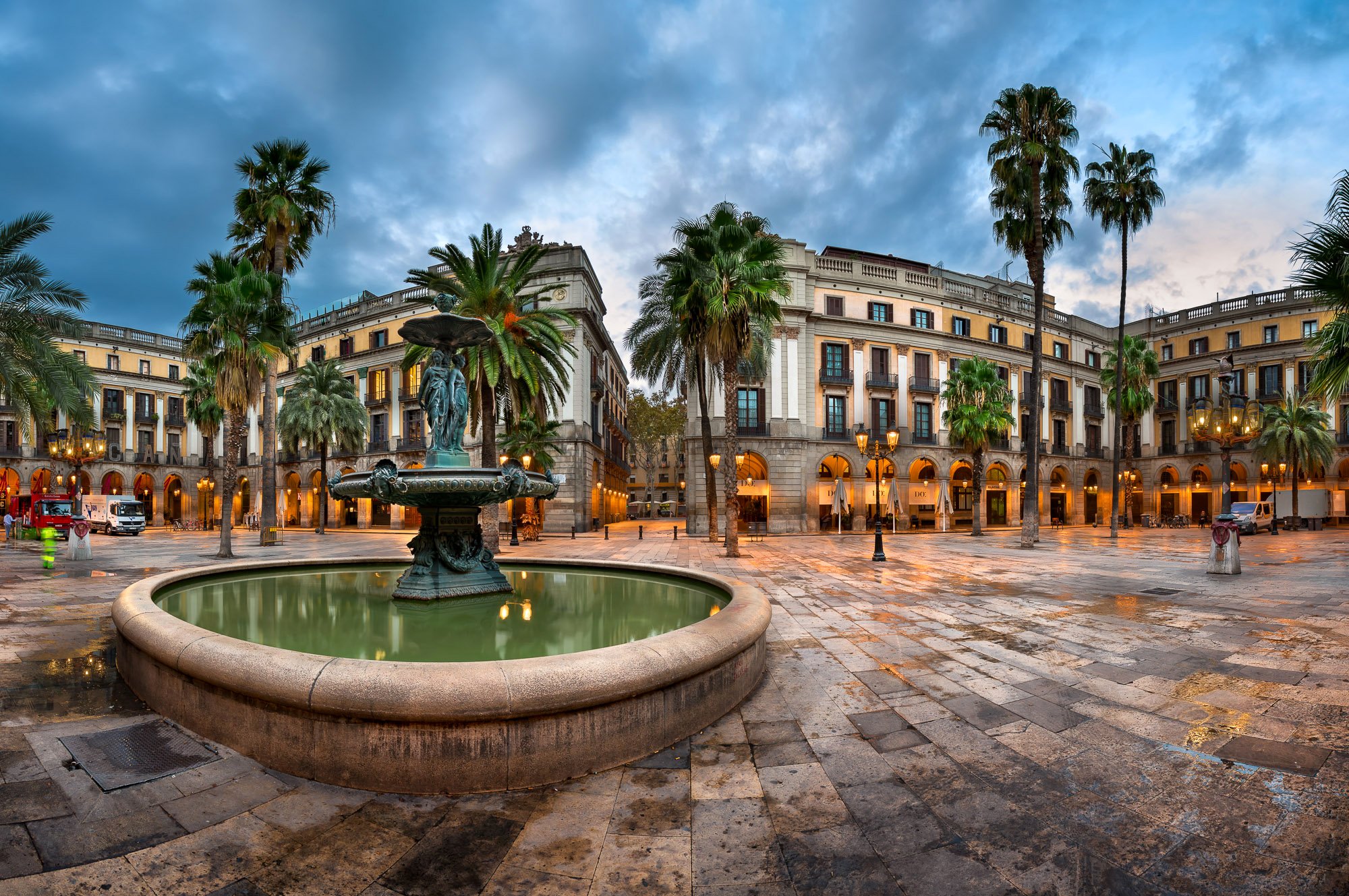 spain, Houses, Fountains, Sculptures, Street, Palma, Street, Lights, Barcelona, Catalonia, Cities Wallpaper