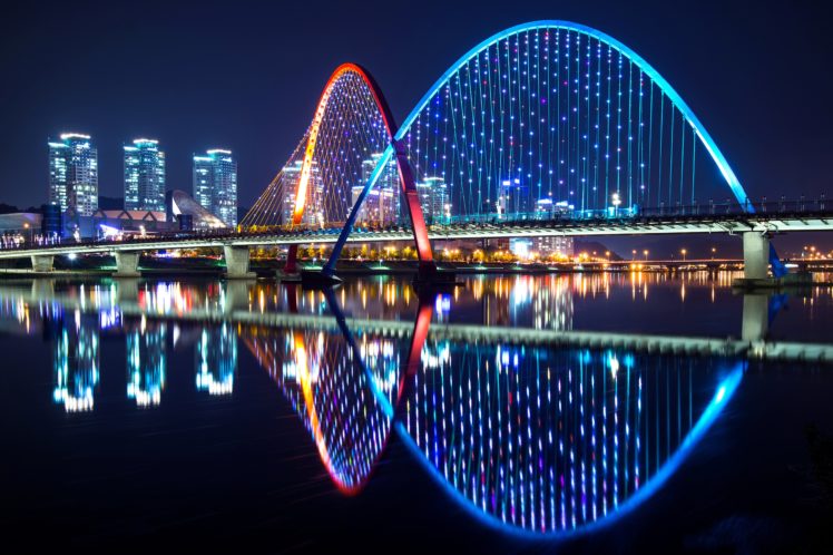 south, Korea, Houses, Rivers, Bridges, Holidays, Fairy, Lights, Night, Daejeon, Cities HD Wallpaper Desktop Background