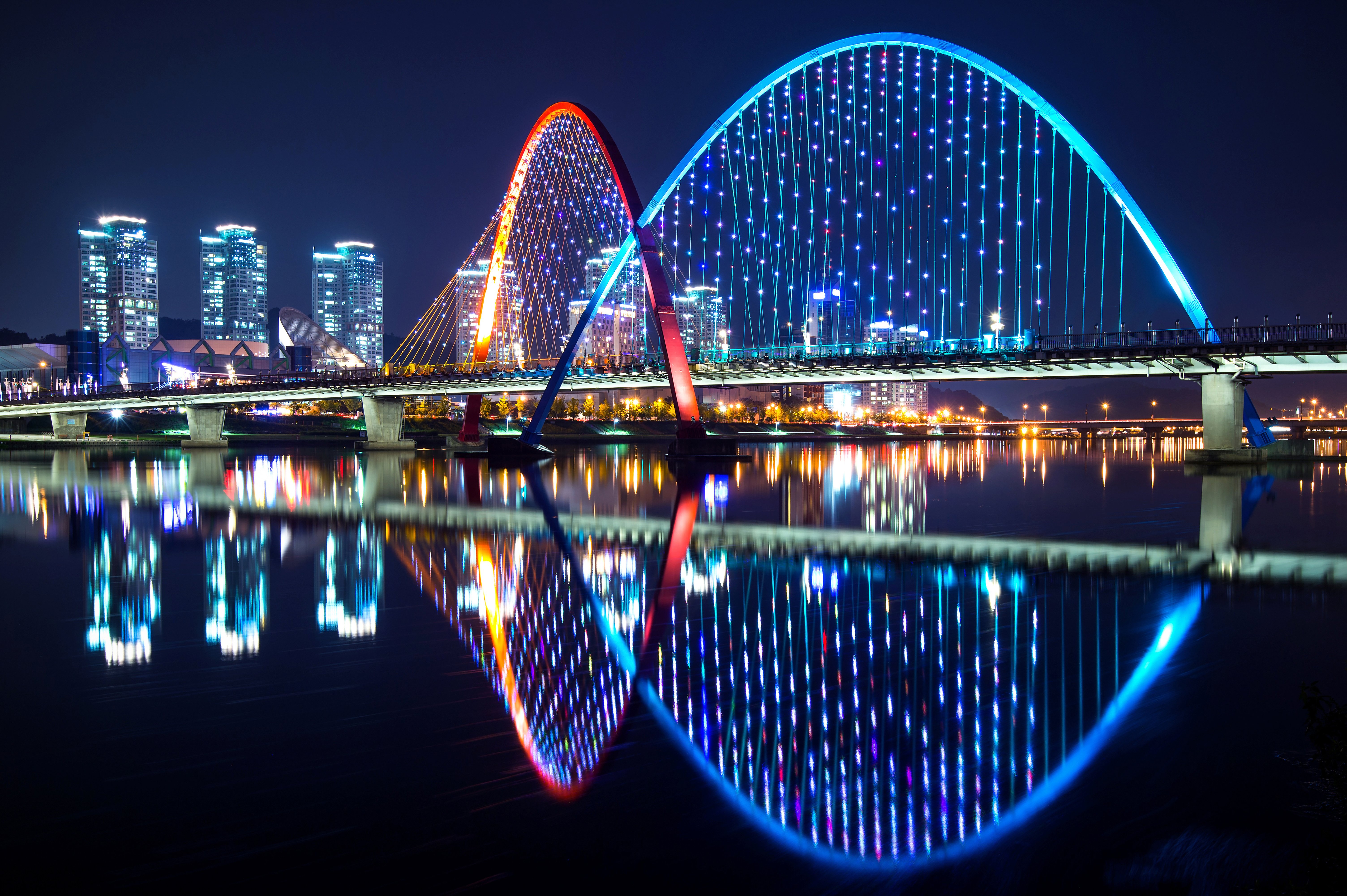 south, Korea, Houses, Rivers, Bridges, Holidays, Fairy, Lights, Night, Daejeon, Cities Wallpaper
