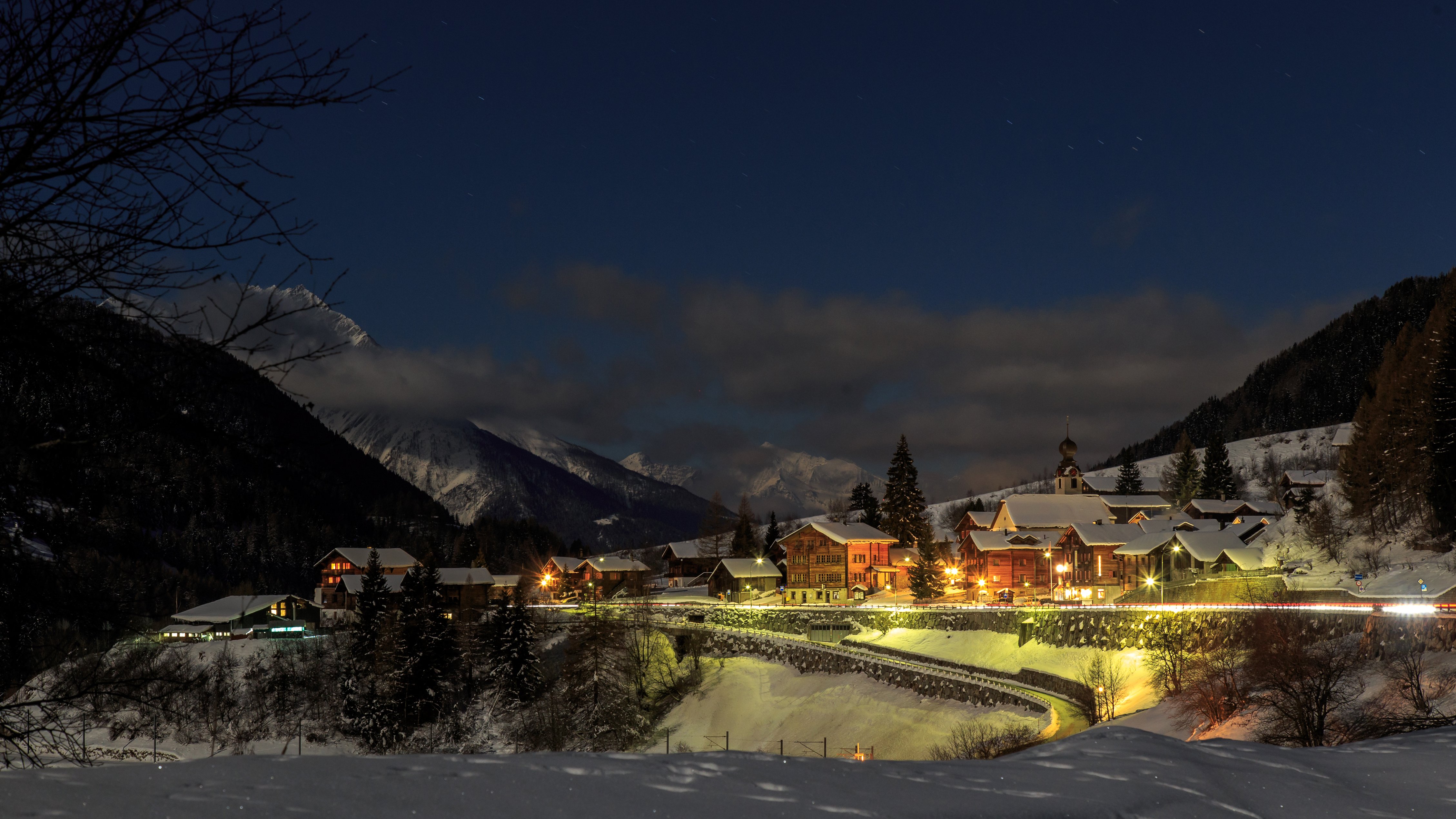 switzerland, Houses, Winter, Mountains, Snow, Night, Street, Lights, Blitzingen, Goms, Cities Wallpaper