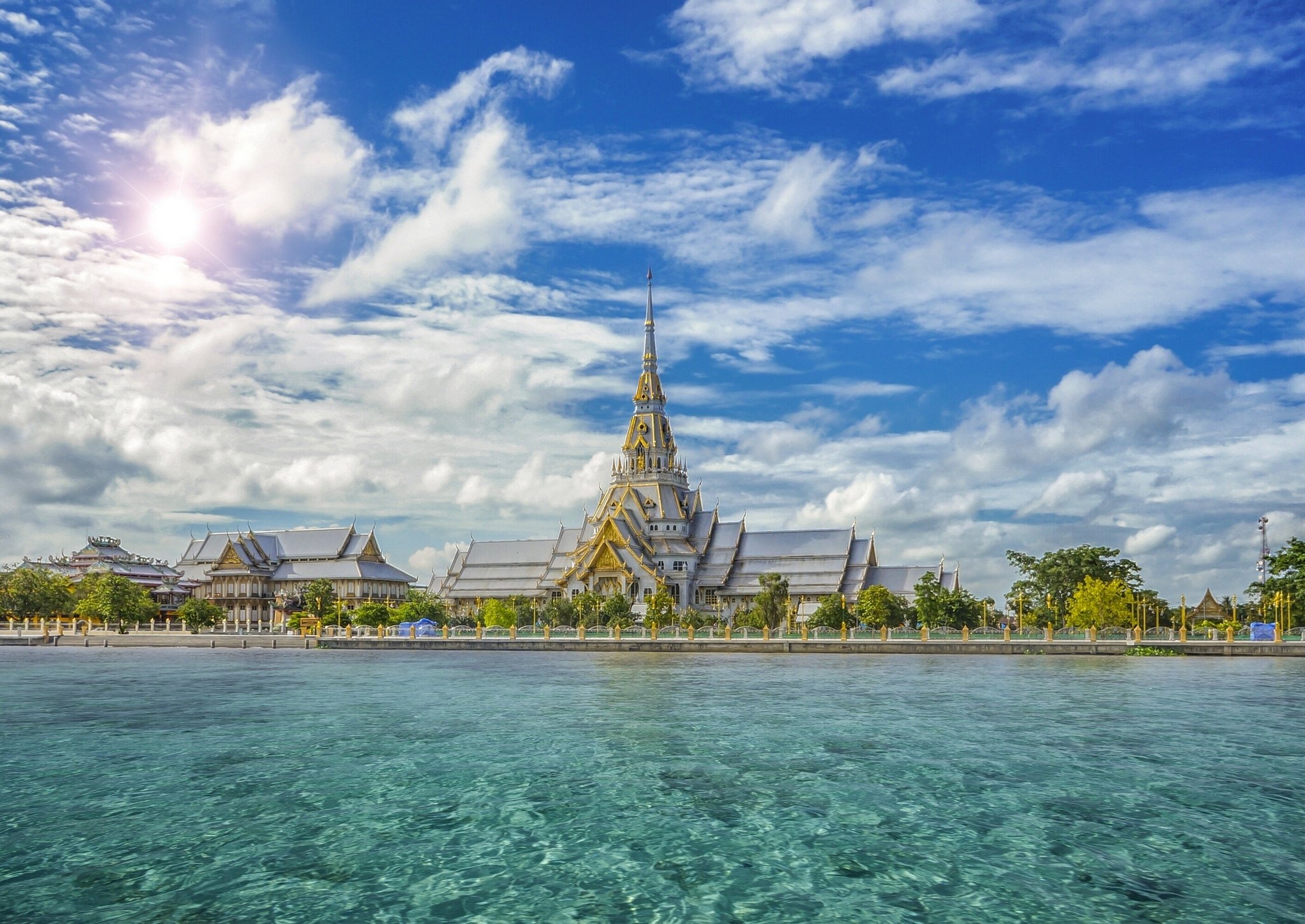 thailand, Temples, Sky, Waterfront, Clouds, Sothorn, Temple, Chachoengsao, Province, Cities Wallpaper
