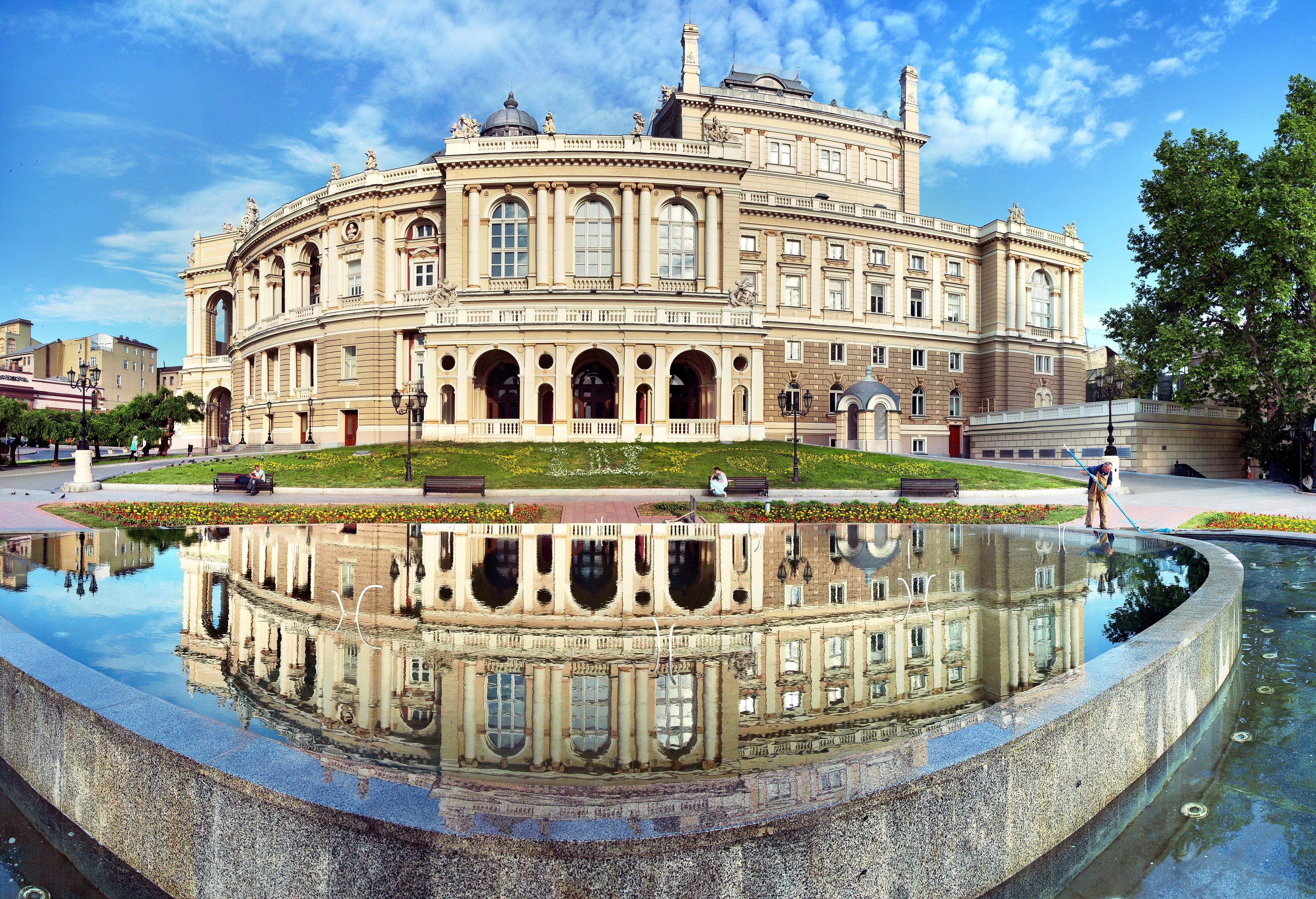 ukraine, Houses, Fountains, Street, Lights, Bench, Cities Wallpaper