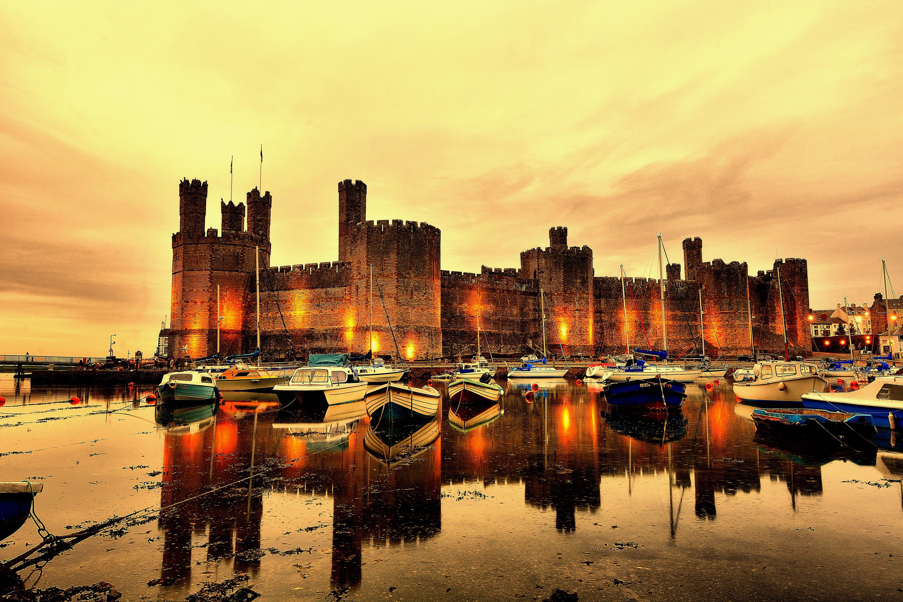 united, Kingdom, Castles, Rivers, Marinas, Night, Street, Lights, Cearnarfon, Castle, North, Wales, Cities Wallpaper