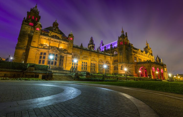 united, Kingdom, Houses, Night, Street, Lights, Glasgow, Kelvingrove, Museum, Cities HD Wallpaper Desktop Background