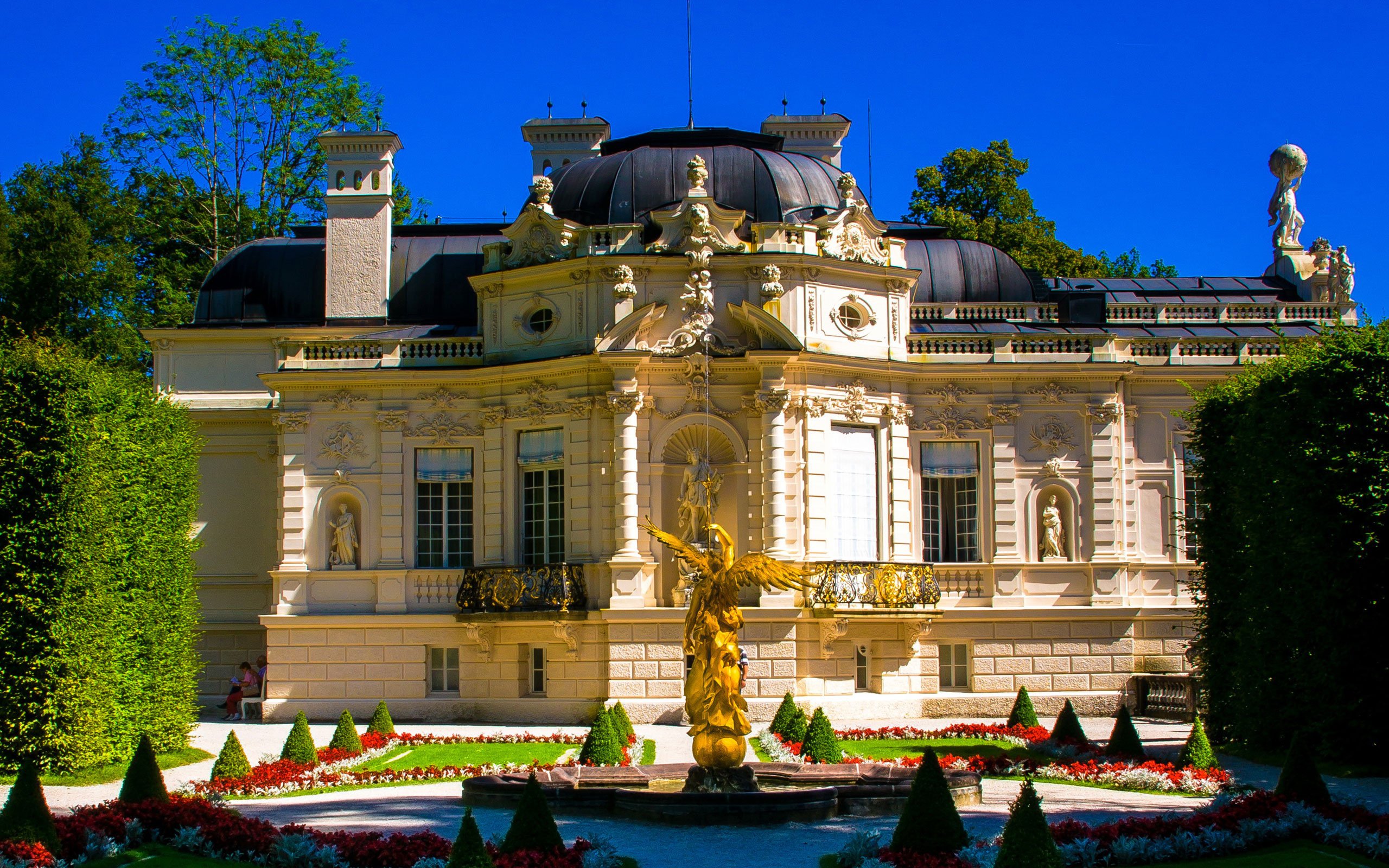 statue, Trees, Sky, Schloss, Linderhof, Germany, Palace, Castle Wallpaper