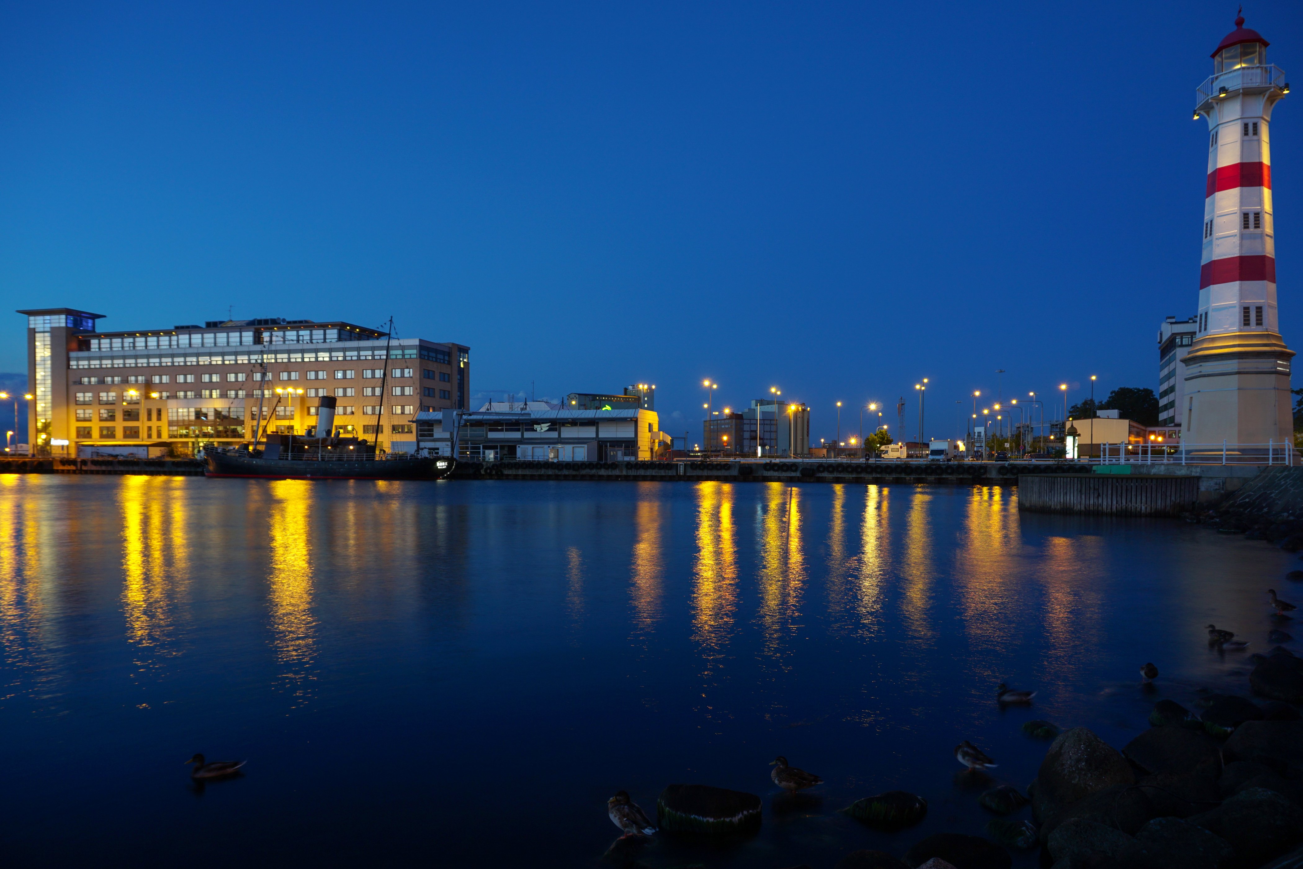 sweden, Houses, Rivers, Lighthouses, Night, Street, Lights, Cities Wallpaper