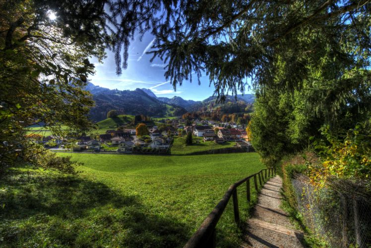 switzerland, Houses, Mountains, Grasslands, Hdr, Grass, Branches, Gruyeres, Cities HD Wallpaper Desktop Background