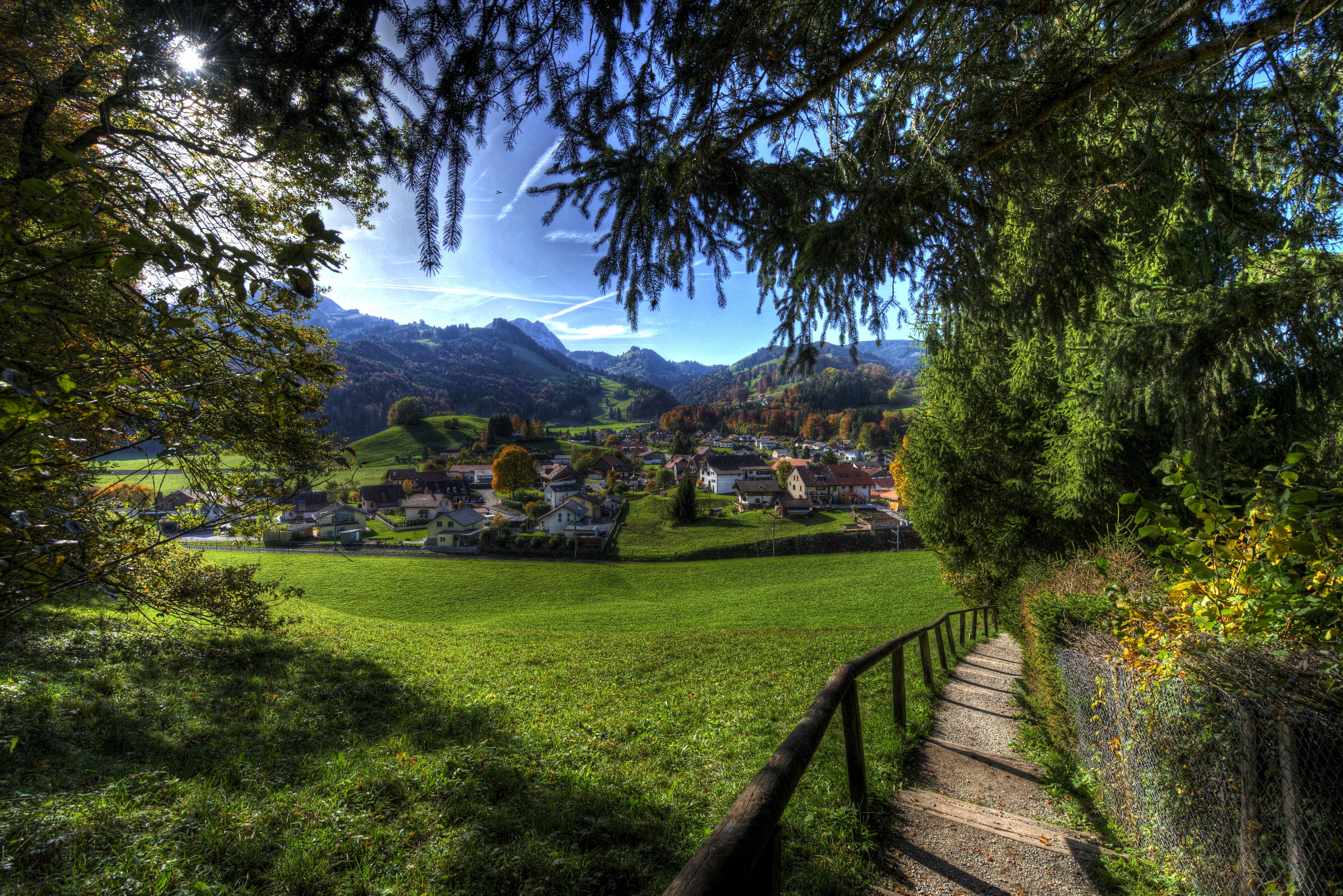 Switzerland Houses Mountains Grasslands Hdr Grass Branches