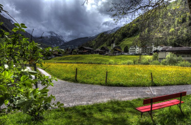 switzerland, Houses, Mountains, Sky, Grass, Bench, Hdr, Elm, Cities HD Wallpaper Desktop Background