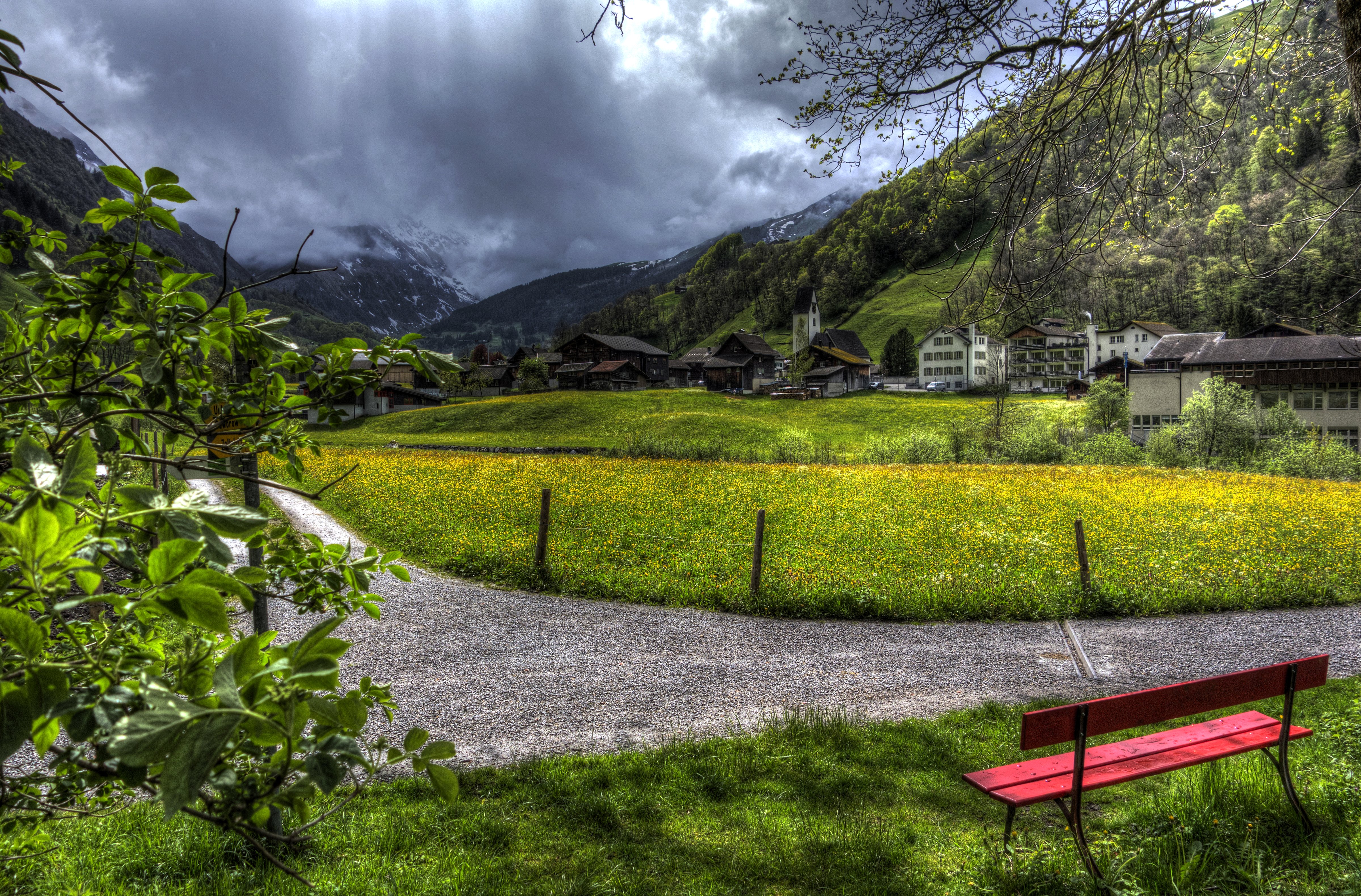 switzerland, Houses, Mountains, Sky, Grass, Bench, Hdr, Elm, Cities Wallpaper