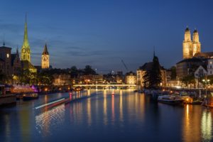 switzerland, Houses, Rivers, Bridges, Marinas, Sky, Night, Street, Lights, Zurich, Cities