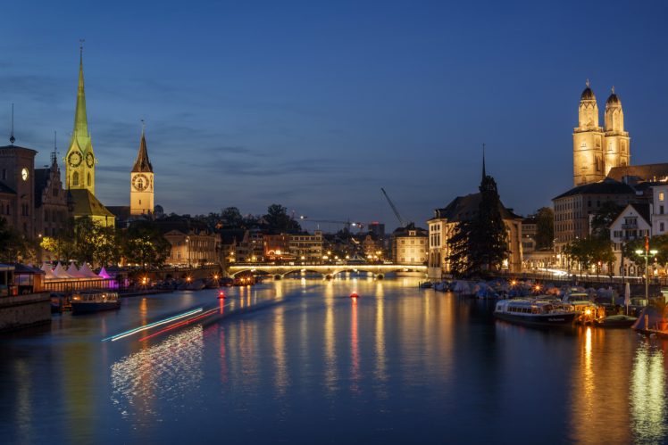 switzerland, Houses, Rivers, Bridges, Marinas, Sky, Night, Street, Lights, Zurich, Cities HD Wallpaper Desktop Background