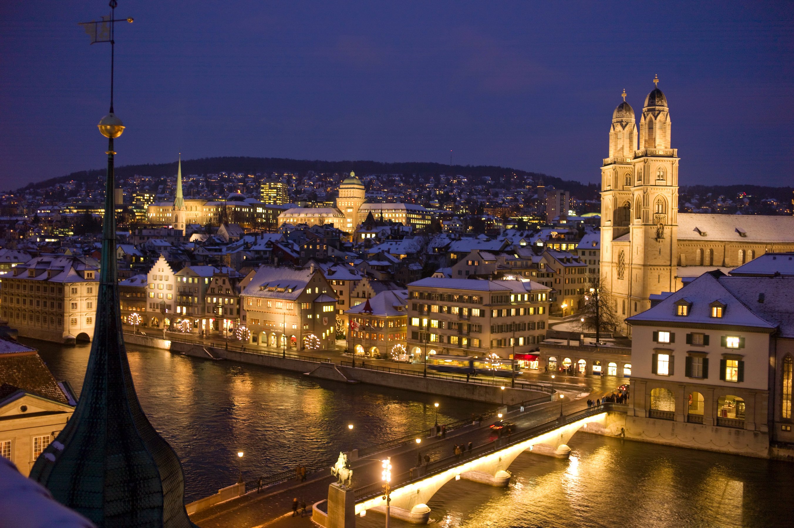 switzerland, Houses, Rivers, Bridges, Night, Street, Lights, Zurich, Cities Wallpaper